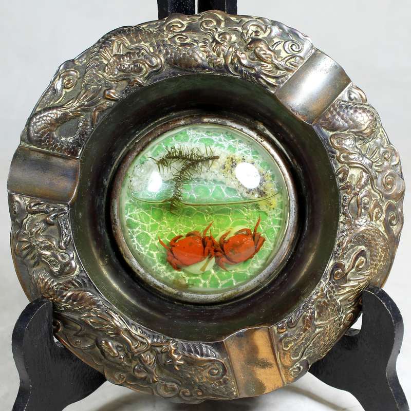 Pewter ashtray with miniature crabs in water