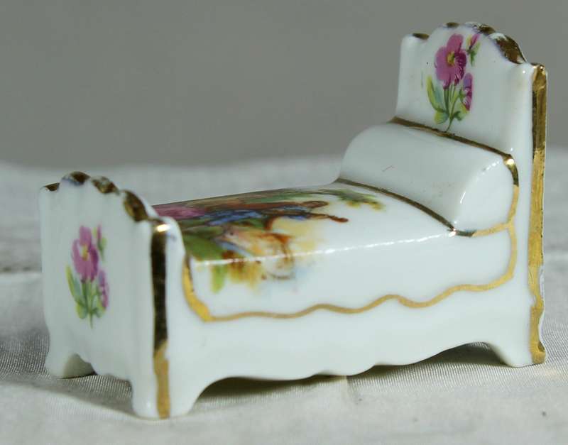 Miniature Limoges king bed with Victorian scene
