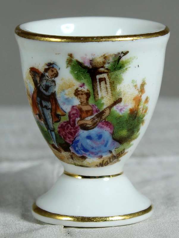 Miniature Limoges egg cup with Victorian scene