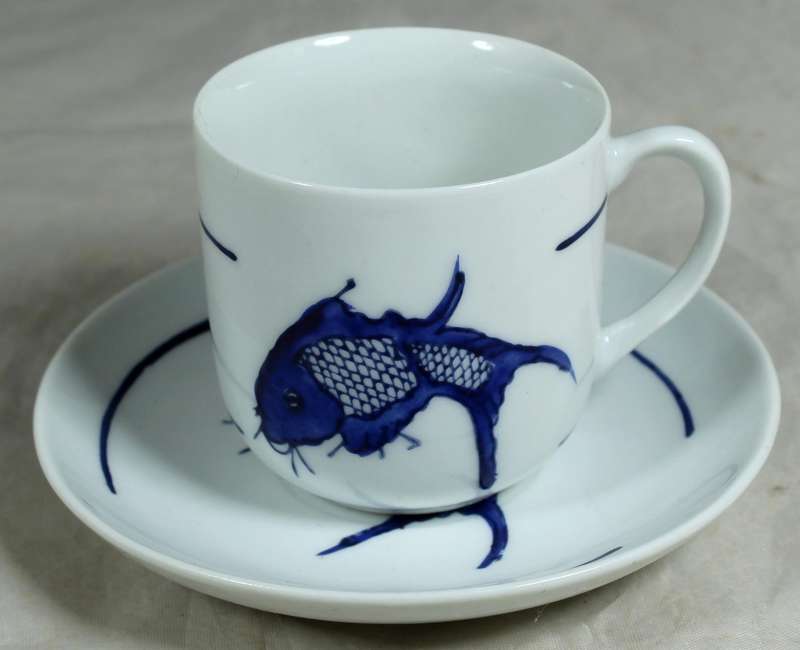 Vintage Chinese blue koi Demitasse duo