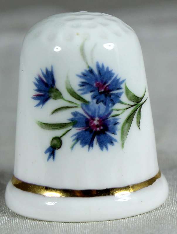Bone China thimble - blue flowers on a branch - Peter Gosling