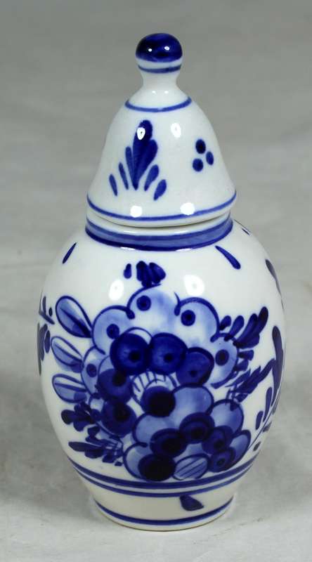 Hand painted small blue & white lidded vase