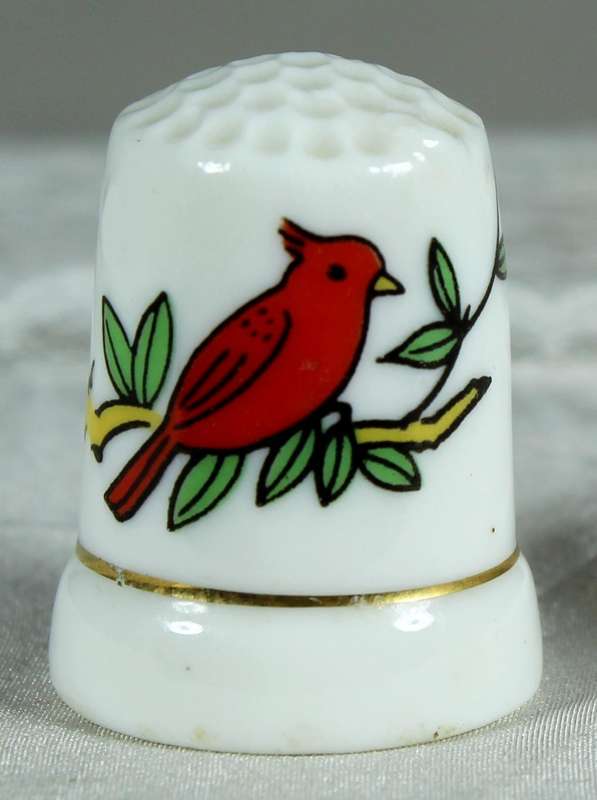 Bone China thimble - red bird on a branch