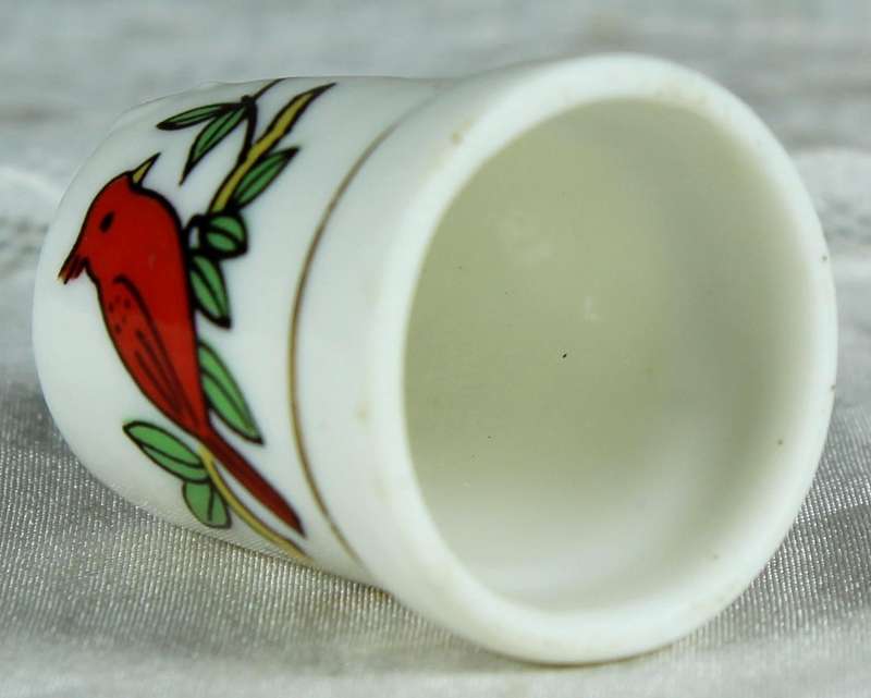 Bone China thimble - red bird on a branch