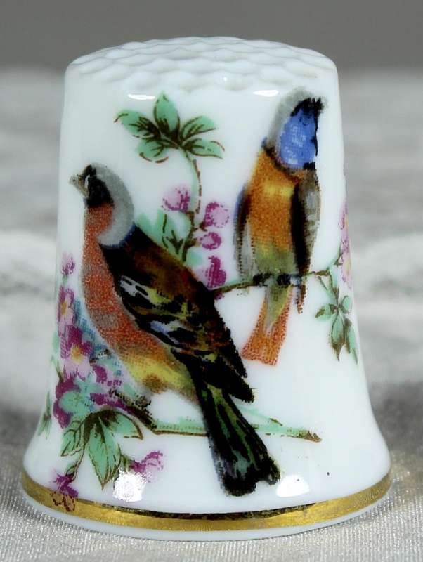 Bone China thimble - orange & blue birds