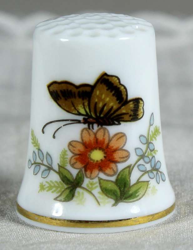 Bone China thimble - butterfly on orange flower