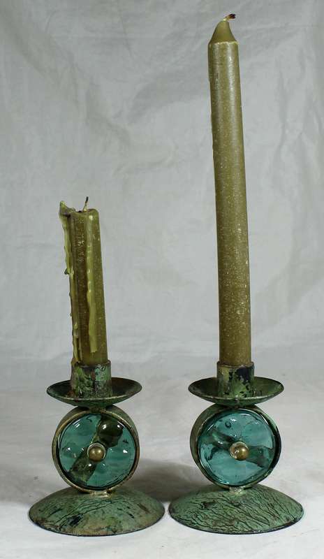 Pair of unique metal and glass candle holders