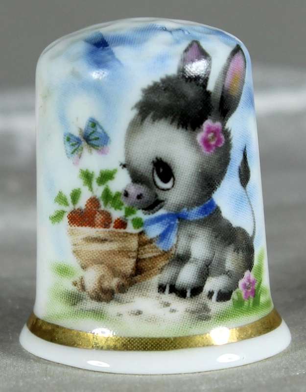 Bone China thimble - small donkey with strawberries