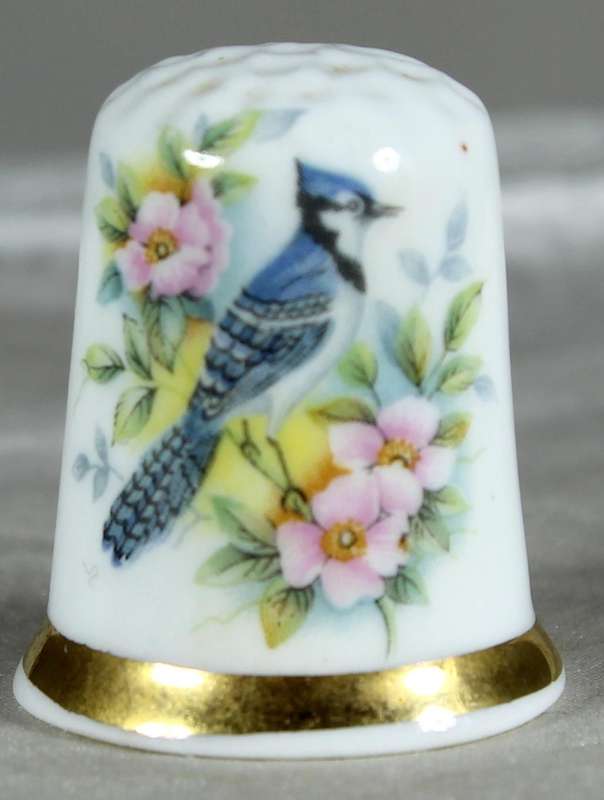 Bone China thimble - blue bird with pink flowers - Finsbury