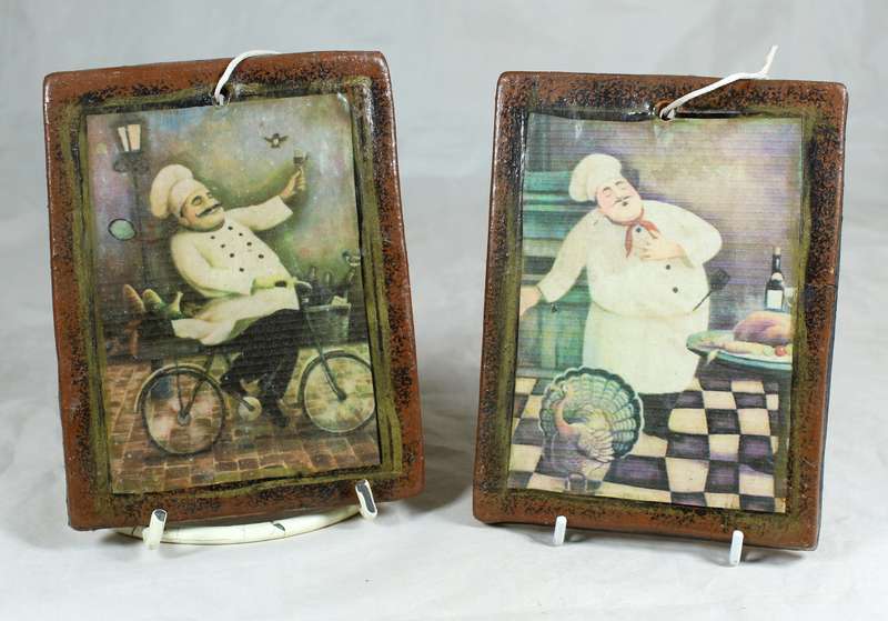 Pair of pottery tiles with chef's