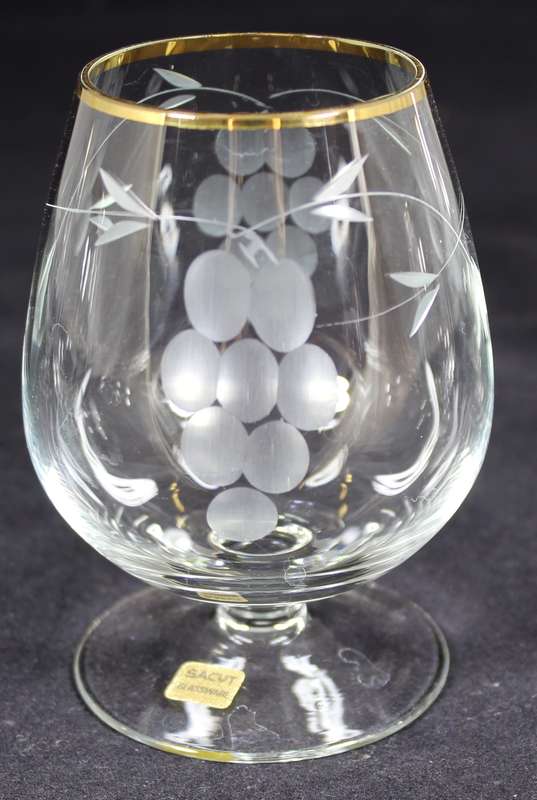 Set of six whisky glasses with etched grapes motif - SACUT glassware