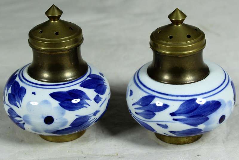 Brass & porcelain salt & pepper shakers