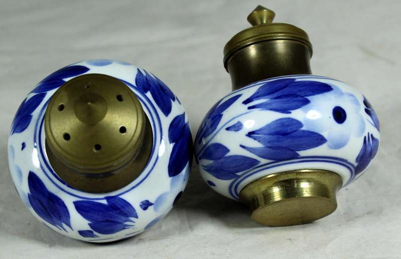 Brass & porcelain salt & pepper shakers
