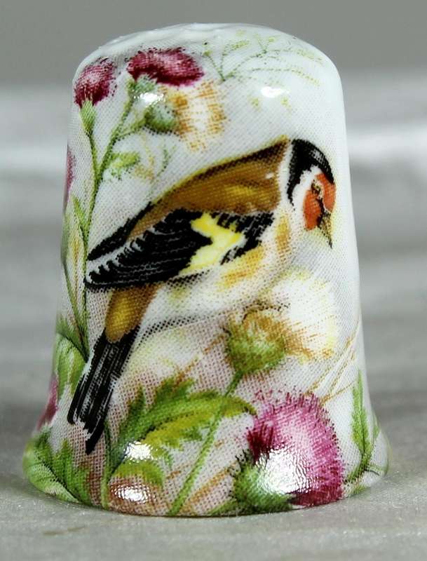 Bone China thimble - hand painted bird & flowers