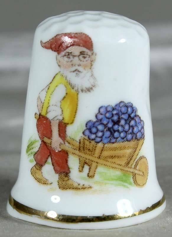 Bone China thimble - gnome pushing a wheelbarrow