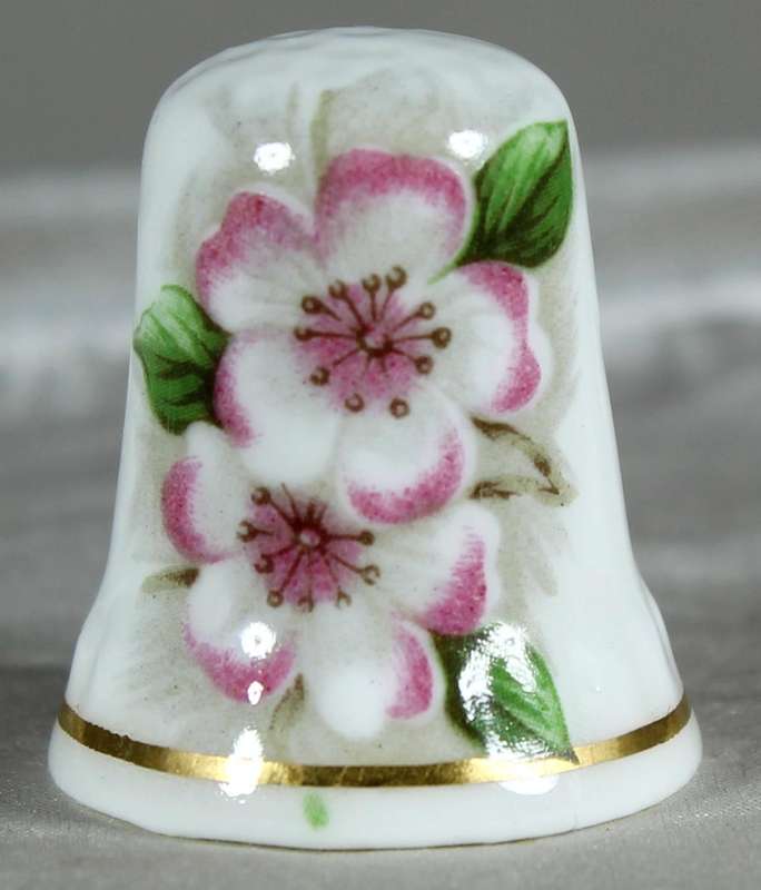 Bone China thimble - pink & white flowers - Mount Royal