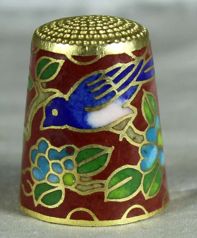 Cloissone thimble - bird & blue flower on burgundy base