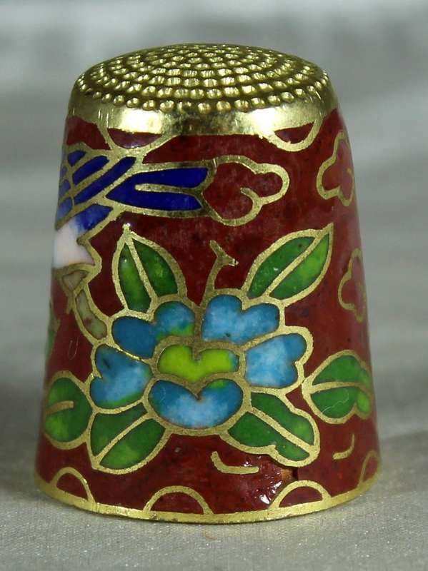 Cloissone thimble - bird & blue flower on burgundy base