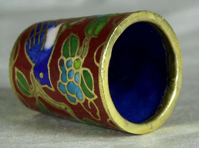 Cloissone thimble - bird & blue flower on burgundy base