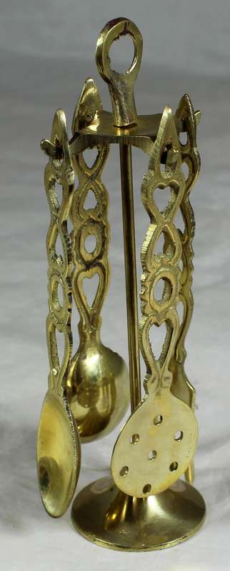 Small brass kitchen utensil set - hanging on stand
