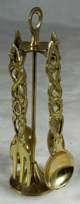 Small brass kitchen utensil set - hanging on stand