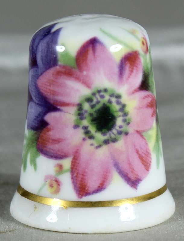 Bone China thimble - pink & purple flowers - Fenton