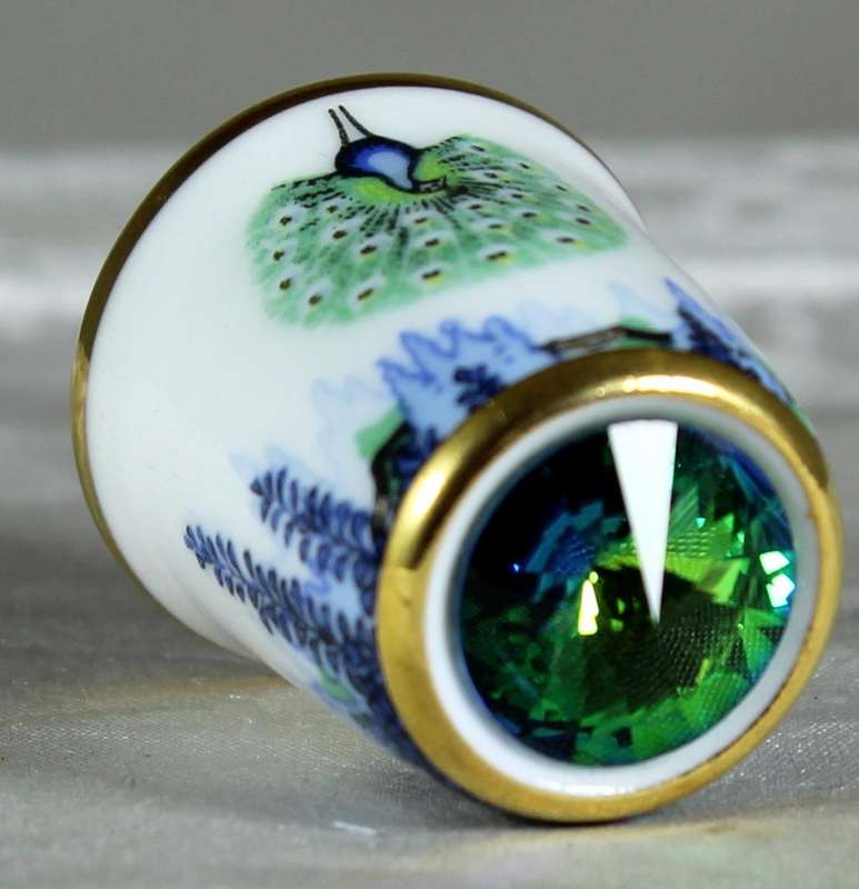 Bone China thimble - Swarovski topped - with peacock - Sutherland