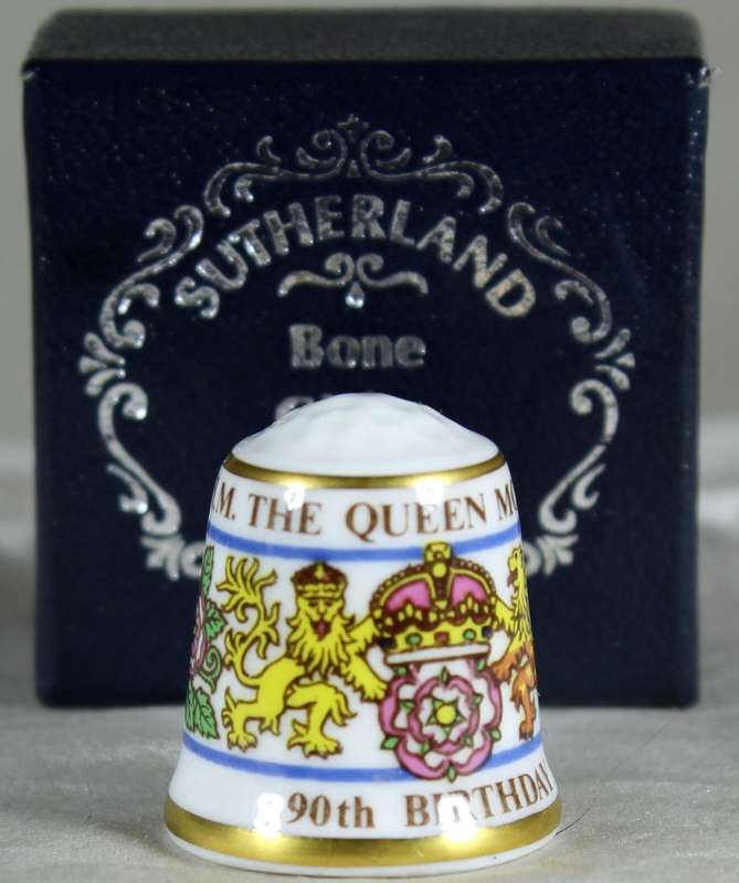 Bone China thimble - Queen Mother 90th birthday - Sutherland