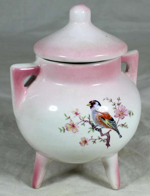 Pink 3 legged pot with painted bird