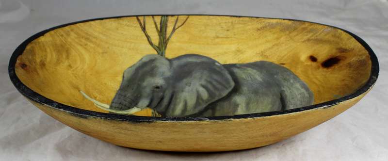 Carved wooden bowl - Elephant painting