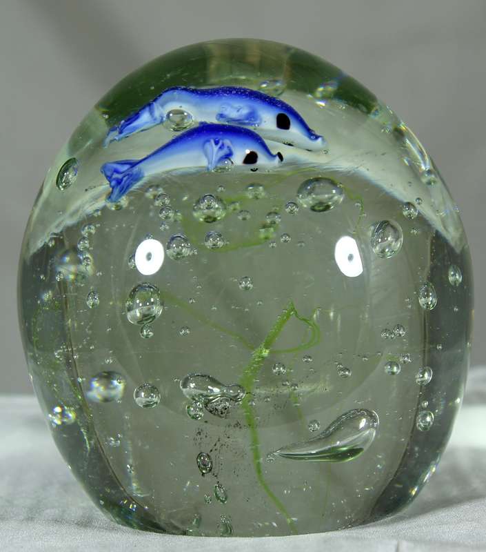 Glass paperweight with dolphins & bubbles