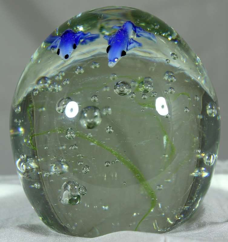 Glass paperweight with dolphins & bubbles