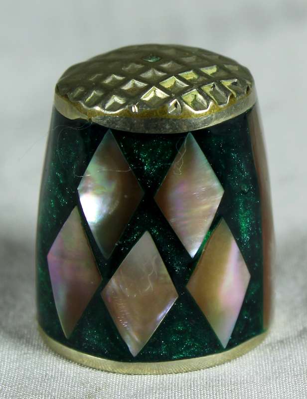 Hand cut shell and abalone inlaid silver thimble