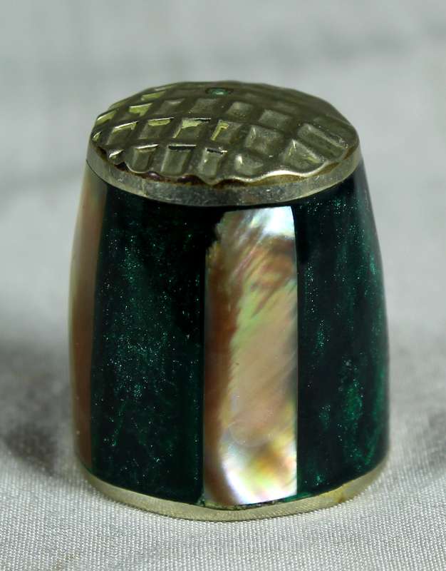 Hand cut shell and abalone inlaid silver thimble