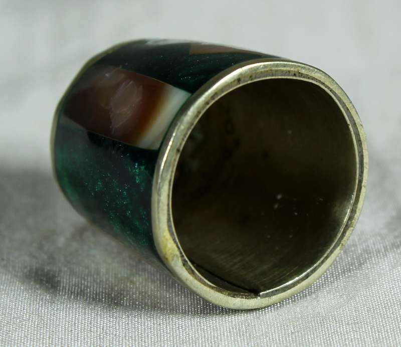 Hand cut shell and abalone inlaid silver thimble
