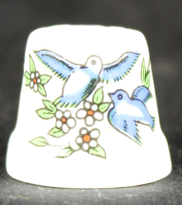 Porcelain Thimble - Pair of Blue Birds in Flight