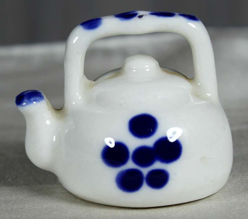 Miniature white & blue tea kettle