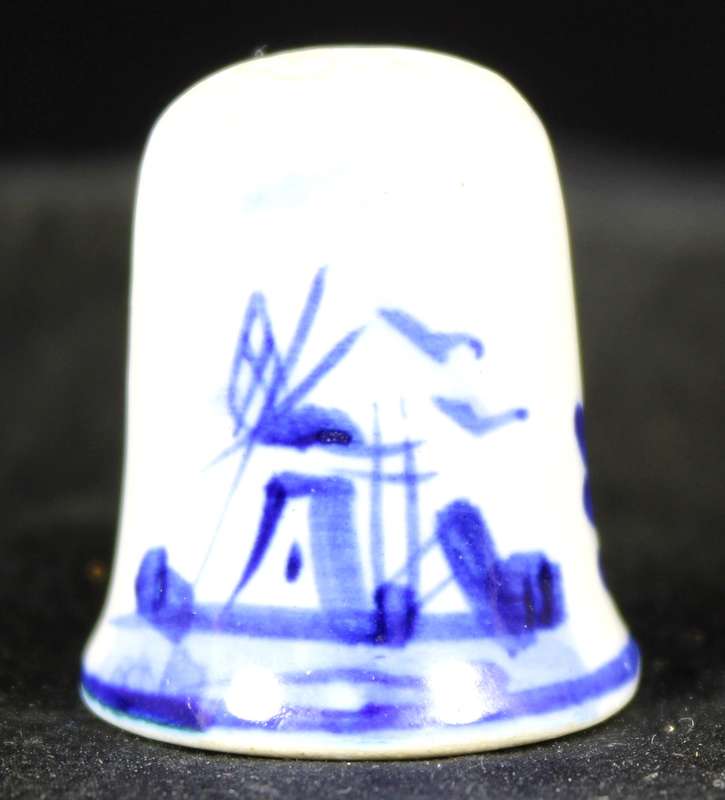 Porcelain Blue & White Thimble - Windmill & Birds