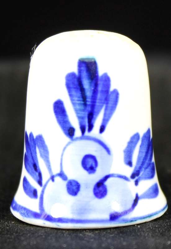 Porcelain Blue & White Thimble - Windmill & Birds