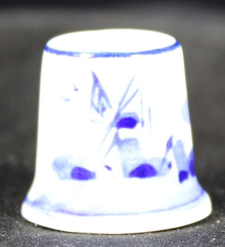 Porcelain Blue & White Thimble - Windmill with a Farm House