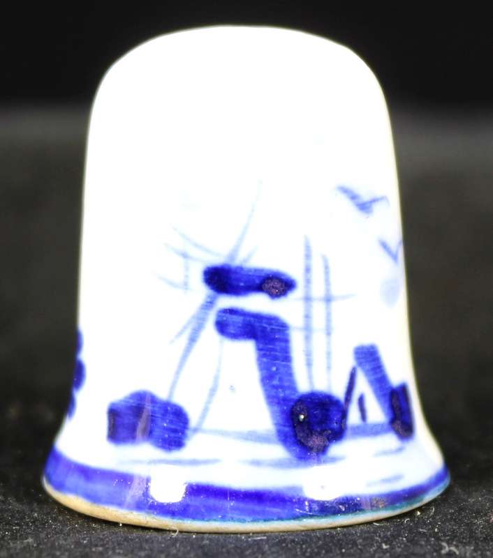 Porcelain Blue & White Thimble - Windmill with House & Birds