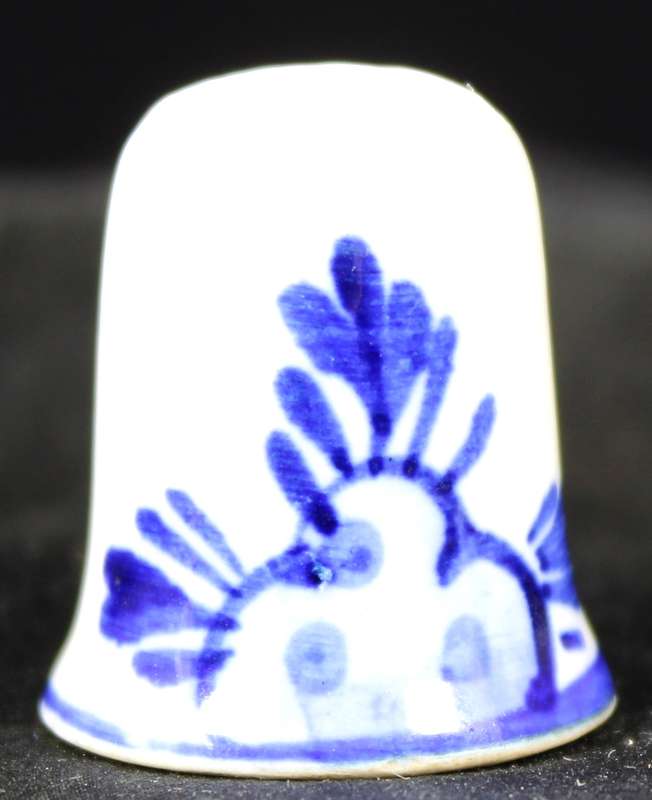 Porcelain Blue & White Thimble - Windmill with House & Birds