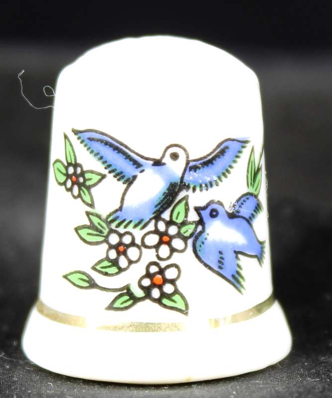Porcelain Thimble - Pair of Blue Birds in Flight