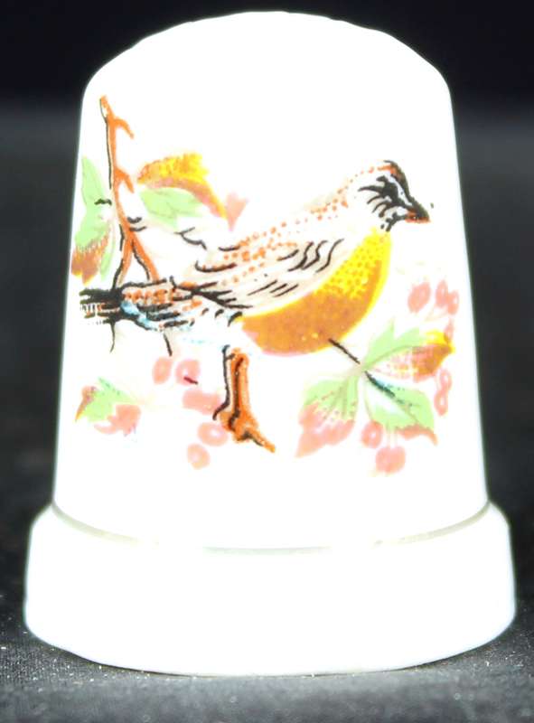Porcelain Thimble - Bird on Branch with Pink Flowers