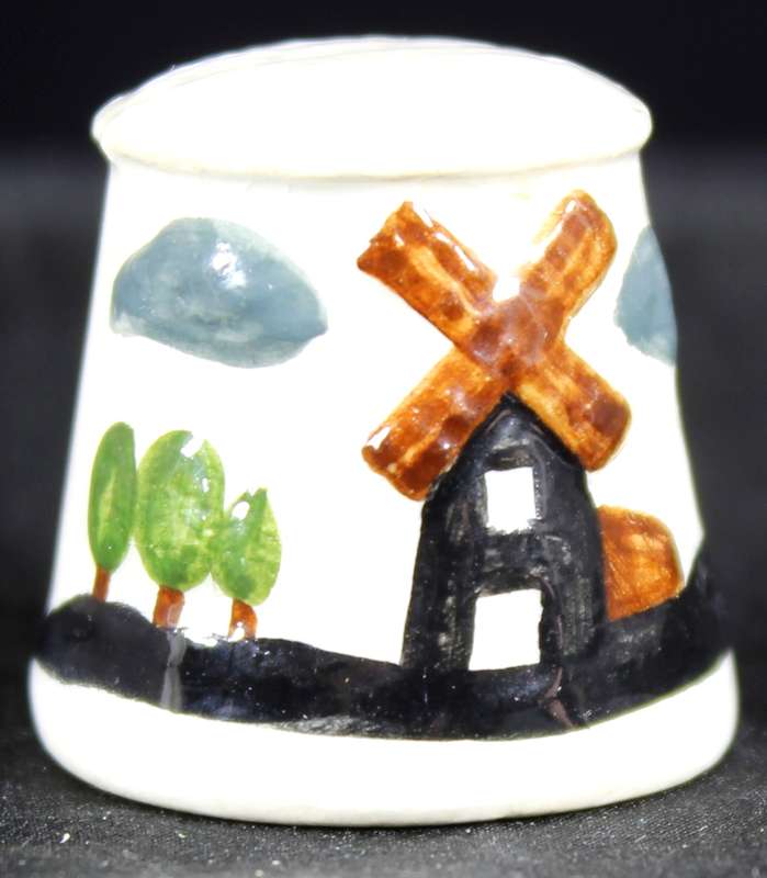 Porcelain Thimble - Embossed Windmill in a Landscape