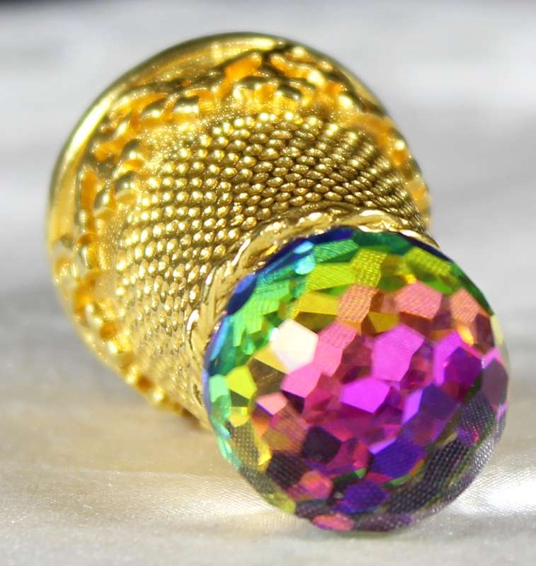 Gold Colored Metal Thimble - Crystal on Top