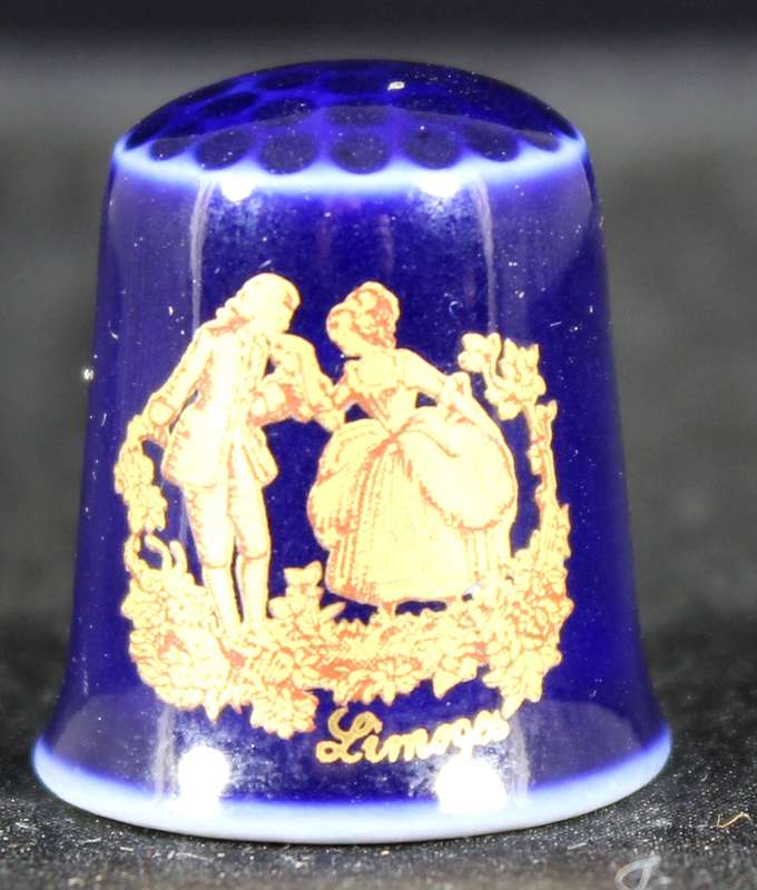 Porcelain Thimble - Limoges Blue - Victorian Couple
