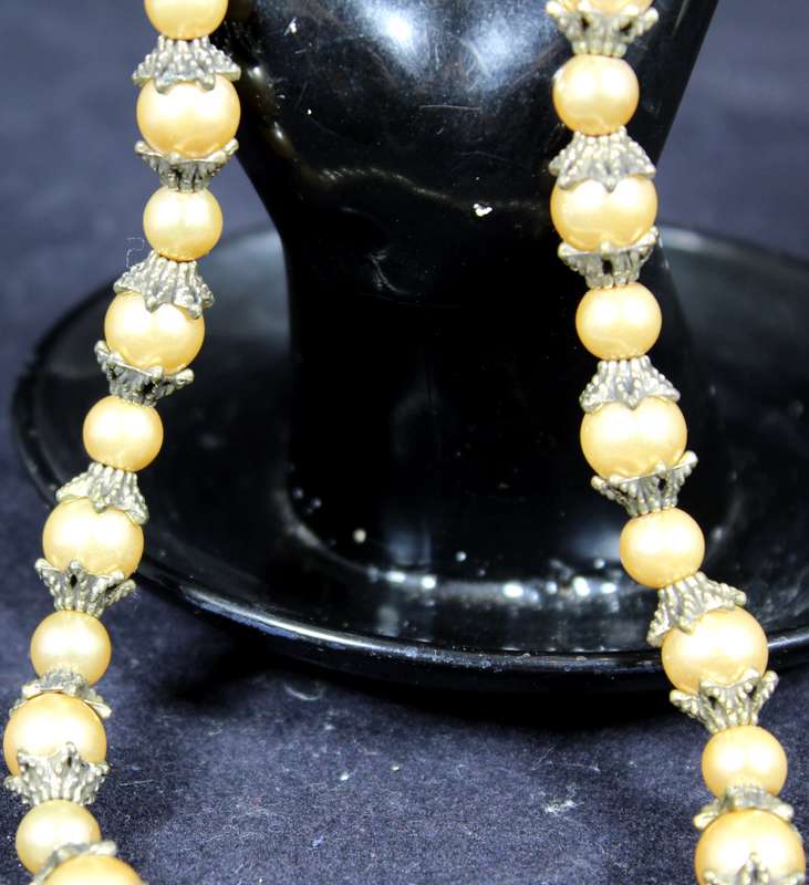 Costume Jewelry - Pearl Necklace with Metal Embellishment