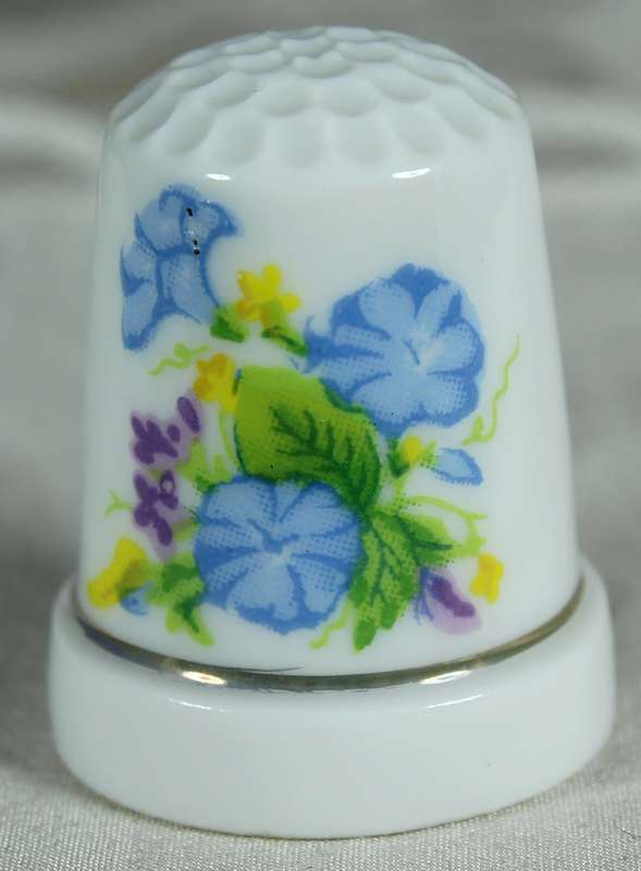 Bone China thimble - blue and purple flowers