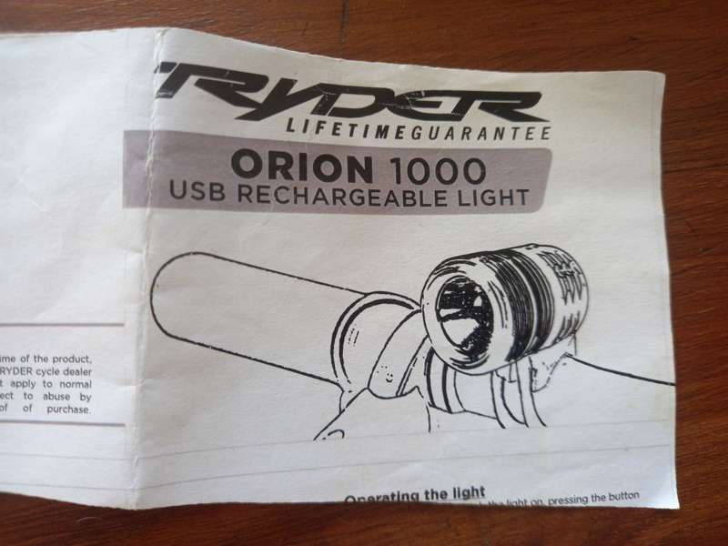 Ryder Orion 1000 lumens bike light with spare battery